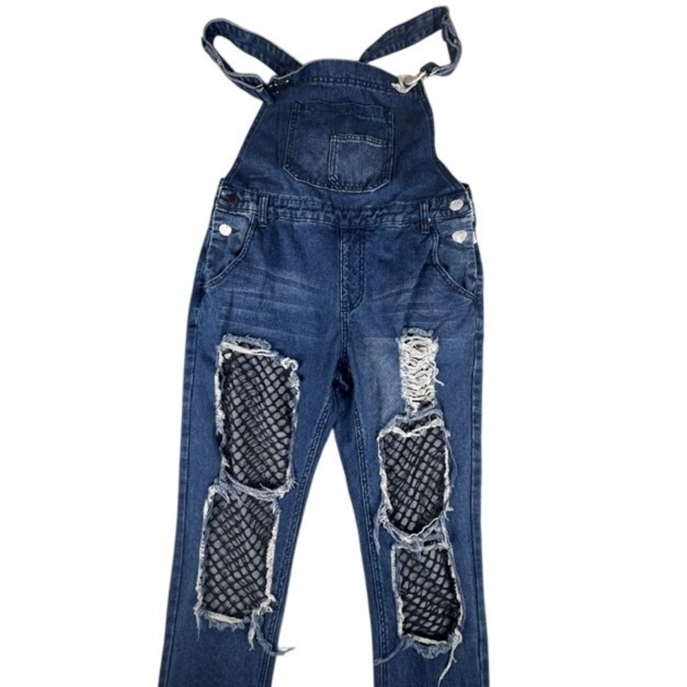 NWT American Bazi Distressed Denim Overalls Women's Large Fishnet Inlay Grunge